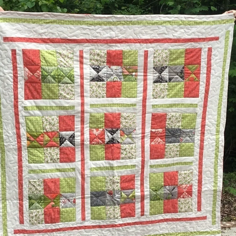 NWT. Hand Crafted Green/Orange/Cream Quilt